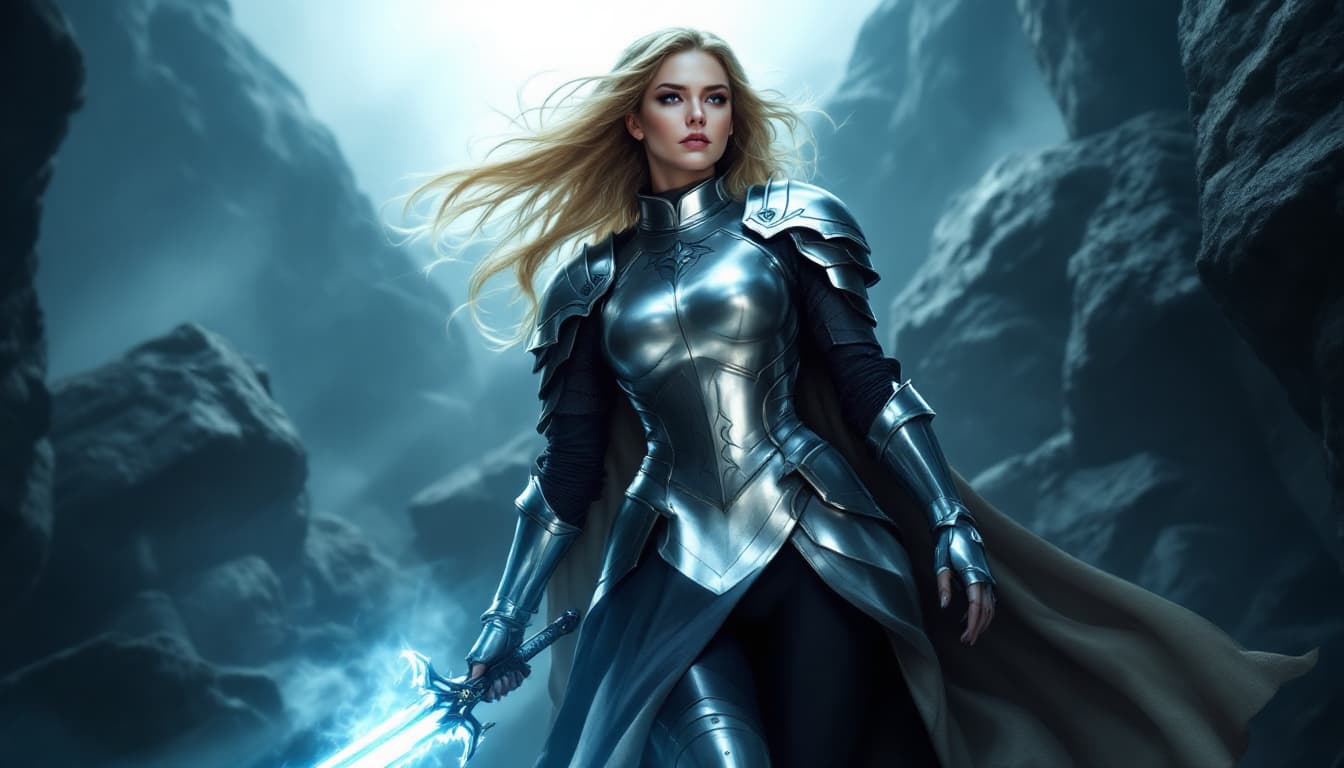 AI generated: The image depicts a woman in a fantasy setting, dressed in armor and holding a glowing sword.
The wo...