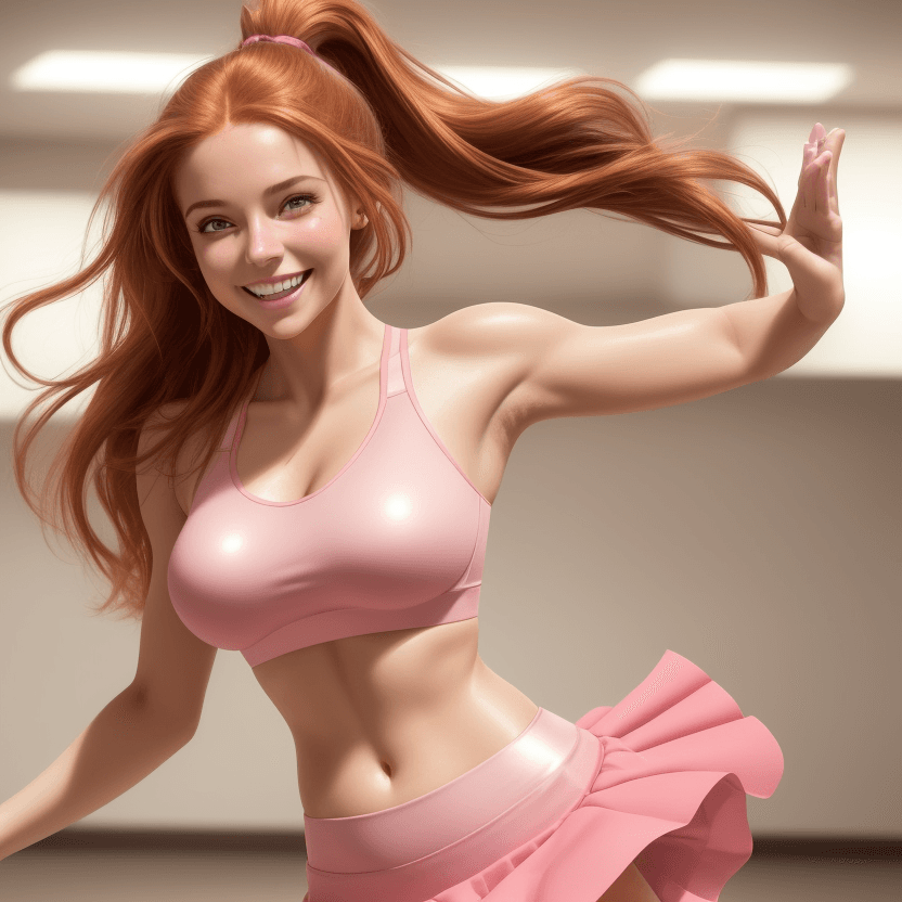 AI generated: beautiful young woman, full body, happy and smiling, long auburn hair in a ponytail, hazel eyes, fai...