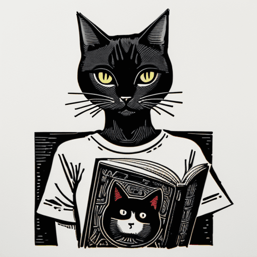 AI generated: Minimalist illustration on a T-shirt in linocut style, the shape of the badge, the face of a cat and...