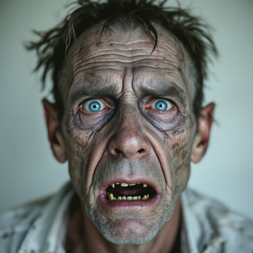 AI generated: the face of fear, depression and abandonment; 50 year old man; the eyes are impossibly blue, buried ...
