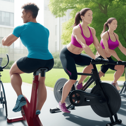AI generated: Beatiful people having a good moment doing exercise with cycles, weights, signs of force