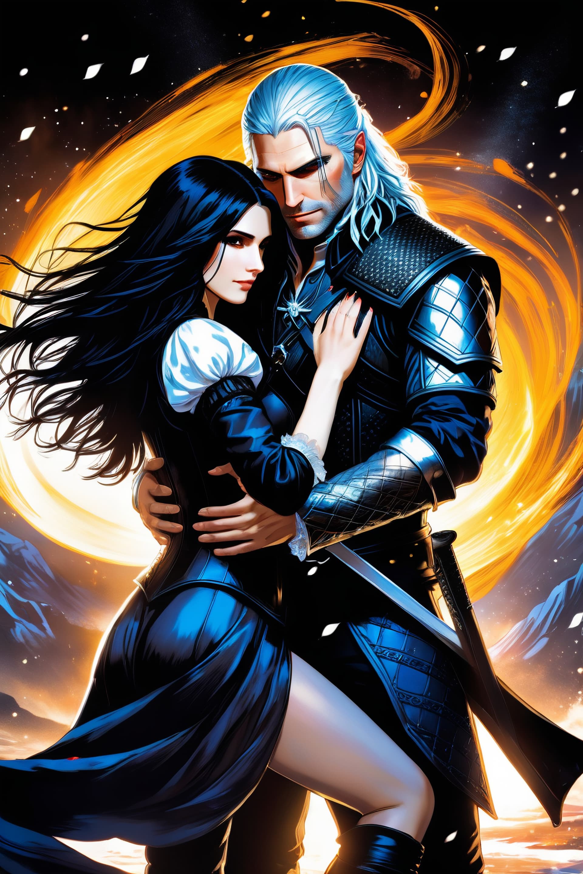 AI generated: masterpiece,best quality, manga style Geralt and Yennefer from The Witcher 3 game, Geralt holding Ye...
