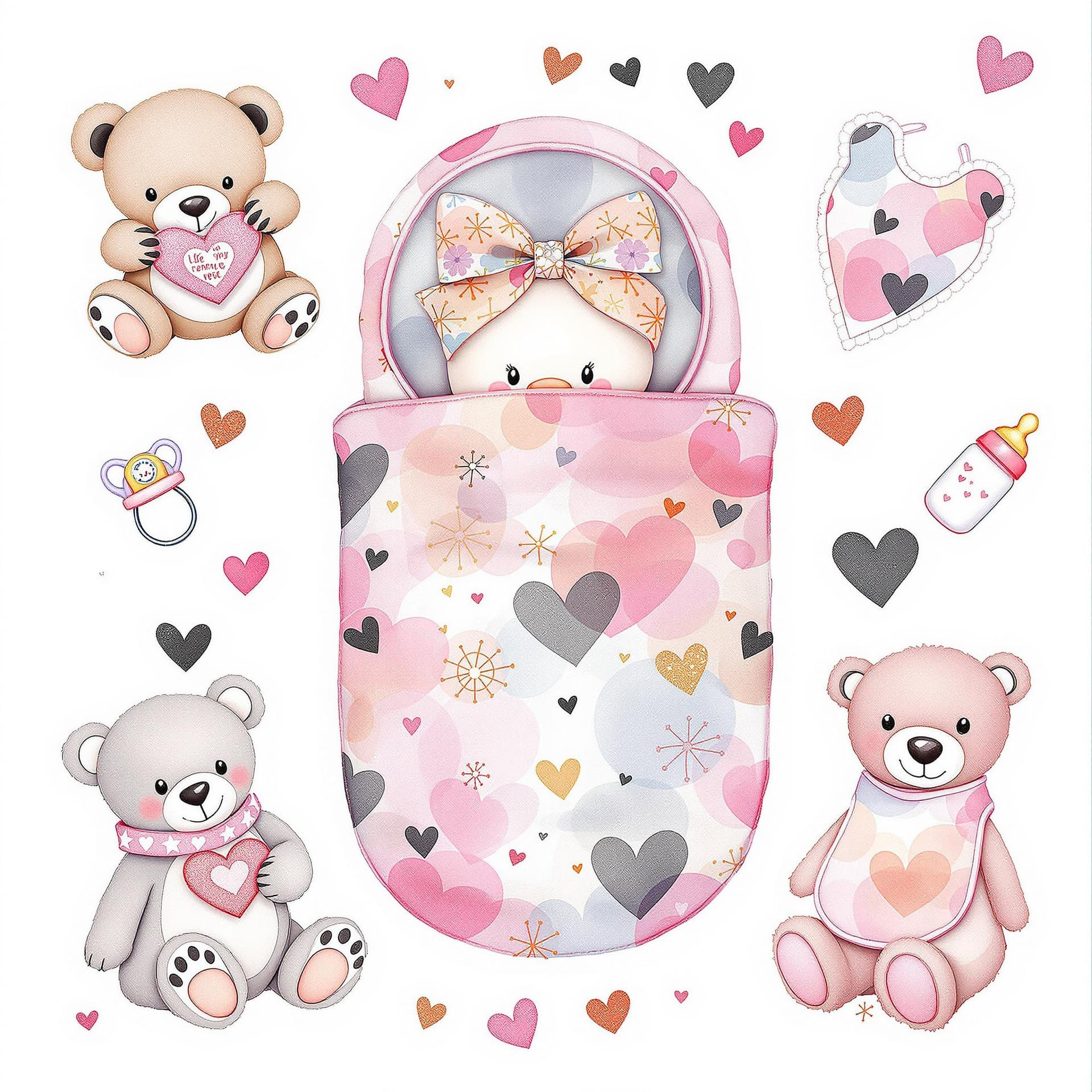 AI generated: watercolor style chic bling glamorus fabulous cute baby raddle, pacifier, teddy bear, baby bottle. s...