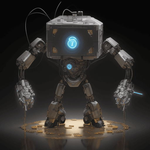 AI generated: A robot with a coin or token in place of a heart inside its metallic chest, standing in front of a b...
