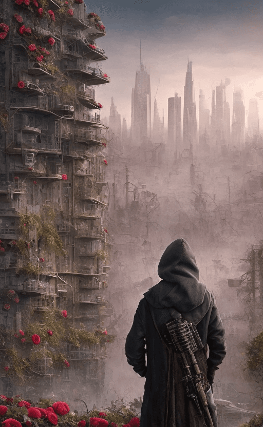 AI generated: post-apocalyptic panoramic cityscape with a dark hooded man holding a bouquet of roses overlooking t...