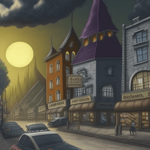 AI generated: An evil realm with his streets, lands, houses, trees, sun, stores, vehicles, libraries, Restaurants ...