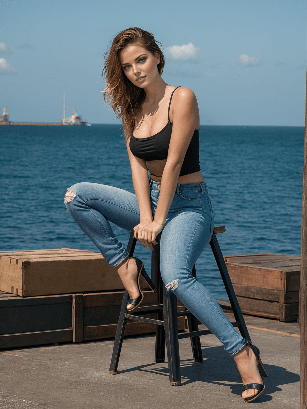 AI generated: The image depicts a woman seated on a black high stool in a coastal outdoor setting. She appears rel...