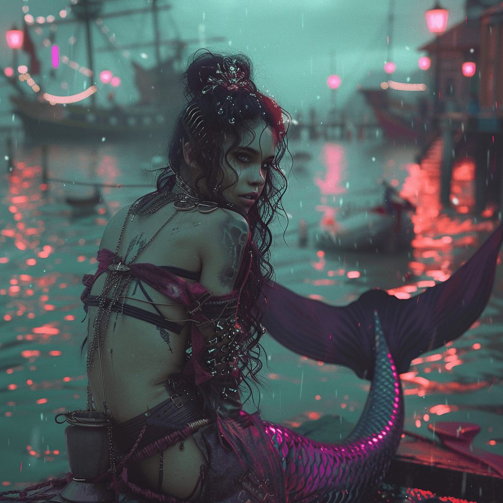 AI generated: a cyperpunk mermaid with a glorious tail in a victorian harbour in a Spanish Coastal town watching s...