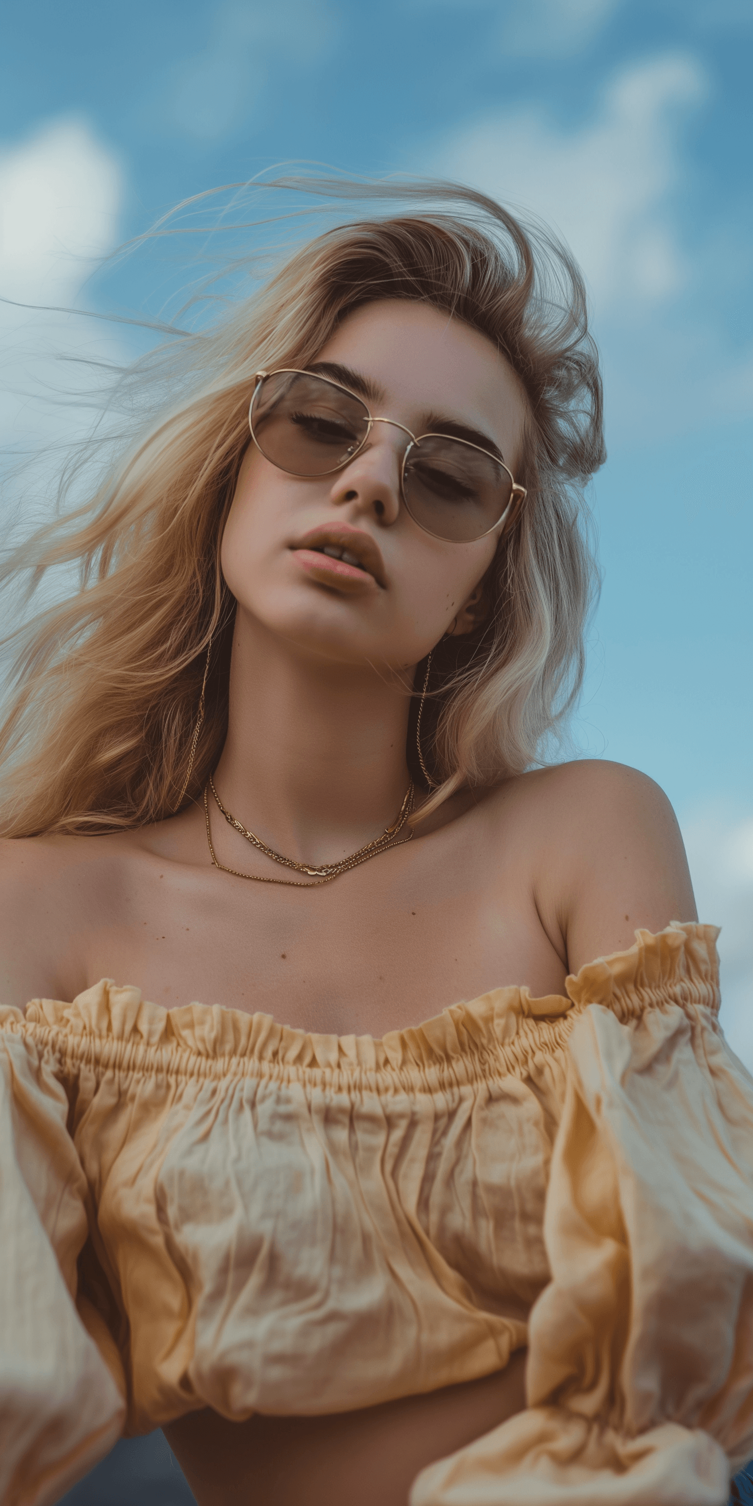 AI generated: Social media influencer photoshoot, 20-25 years old, natural pose, music festival, hyperrealistic, p...