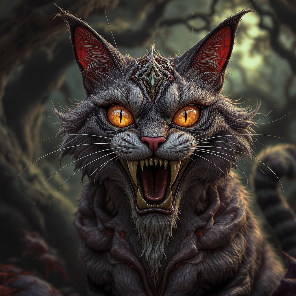 AI generated: interpretation of a fractal unholy cheshire cat, on alice in wonderland forest, mystical unearthly b...