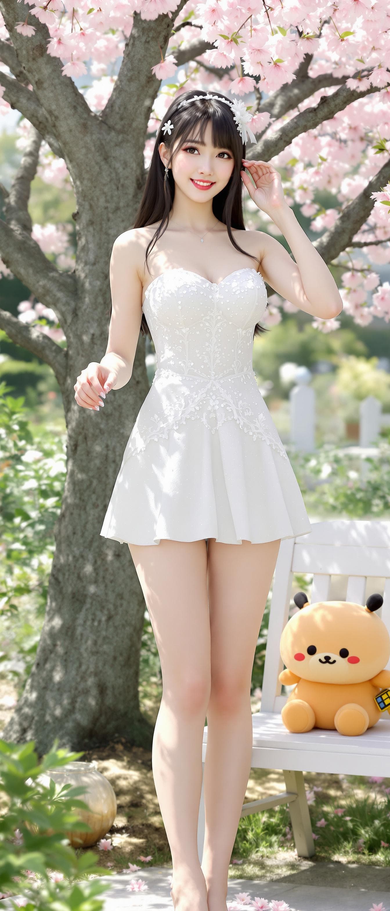 AI generated: 3D Render, full body, 1girl, outdoors, garden, cherry blossoms, standing near the tree, hair tucking...