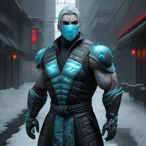AI generated: Mortal Kombat Frost, cyberpunk, outdoor, street, ice green, hyperrealism, photorealistic, 8k, unreal...