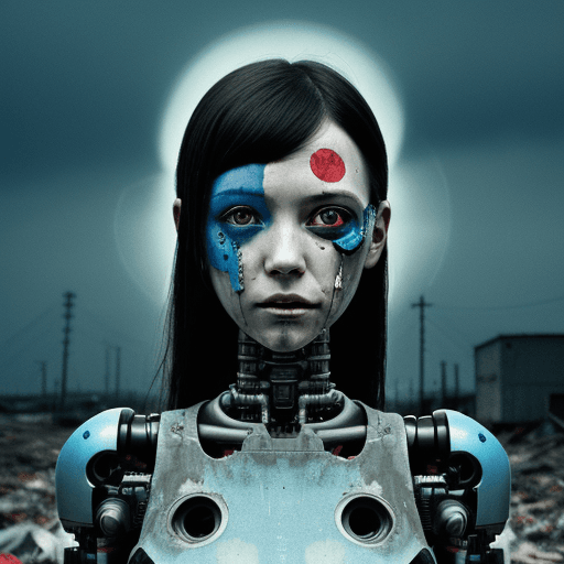 AI generated: Photo of a broken ruined cyborg girl in a landfill, robot, body is broken with scares and holes, hal...