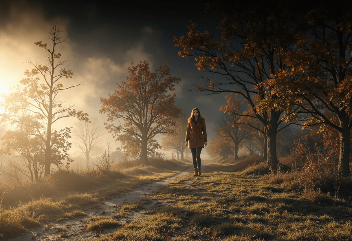 AI generated: A woman with fair skin and auburn hair, dressed in a warm autumn coat and boots, walks through a fog...