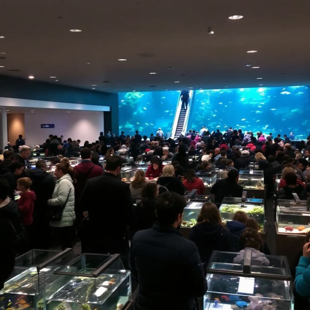 AI generated: Lots of small aquariums, lots of people wearing long sleeves, looking at the fish in the aquariums. ...