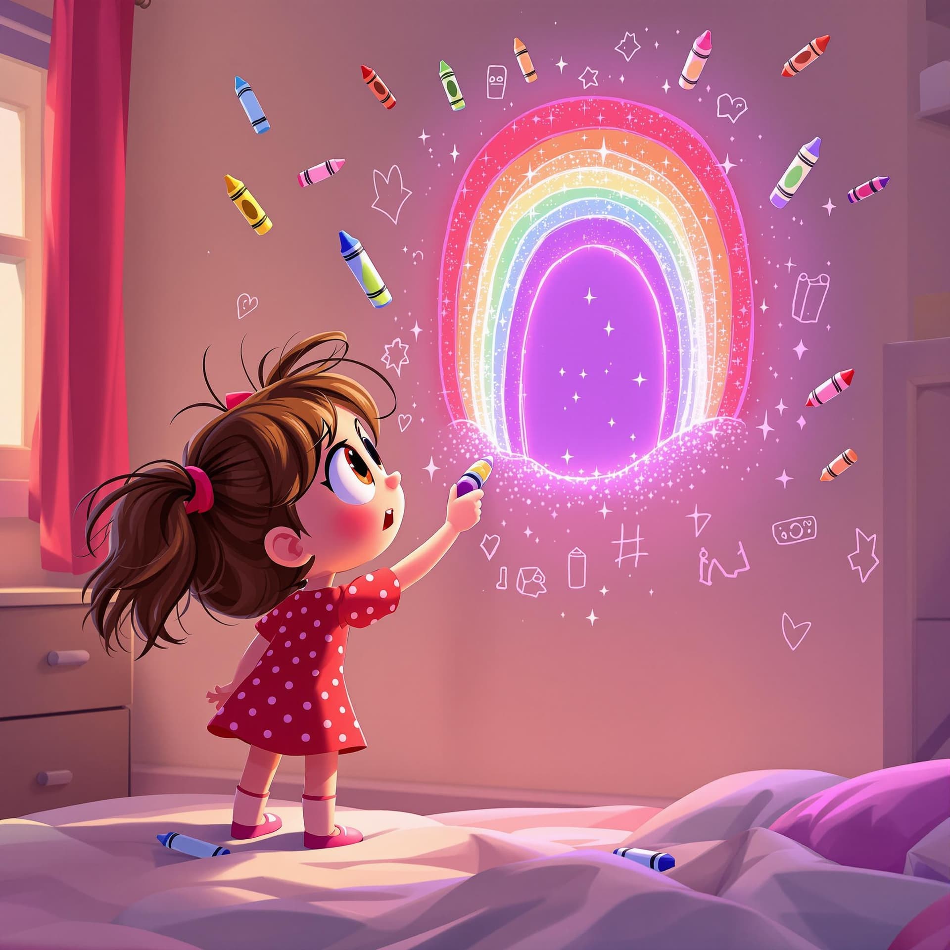 AI generated: Base Prompt:
"A 5-year-old girl with messy brown pigtails, wearing a red polka-dot dress, draws a g...