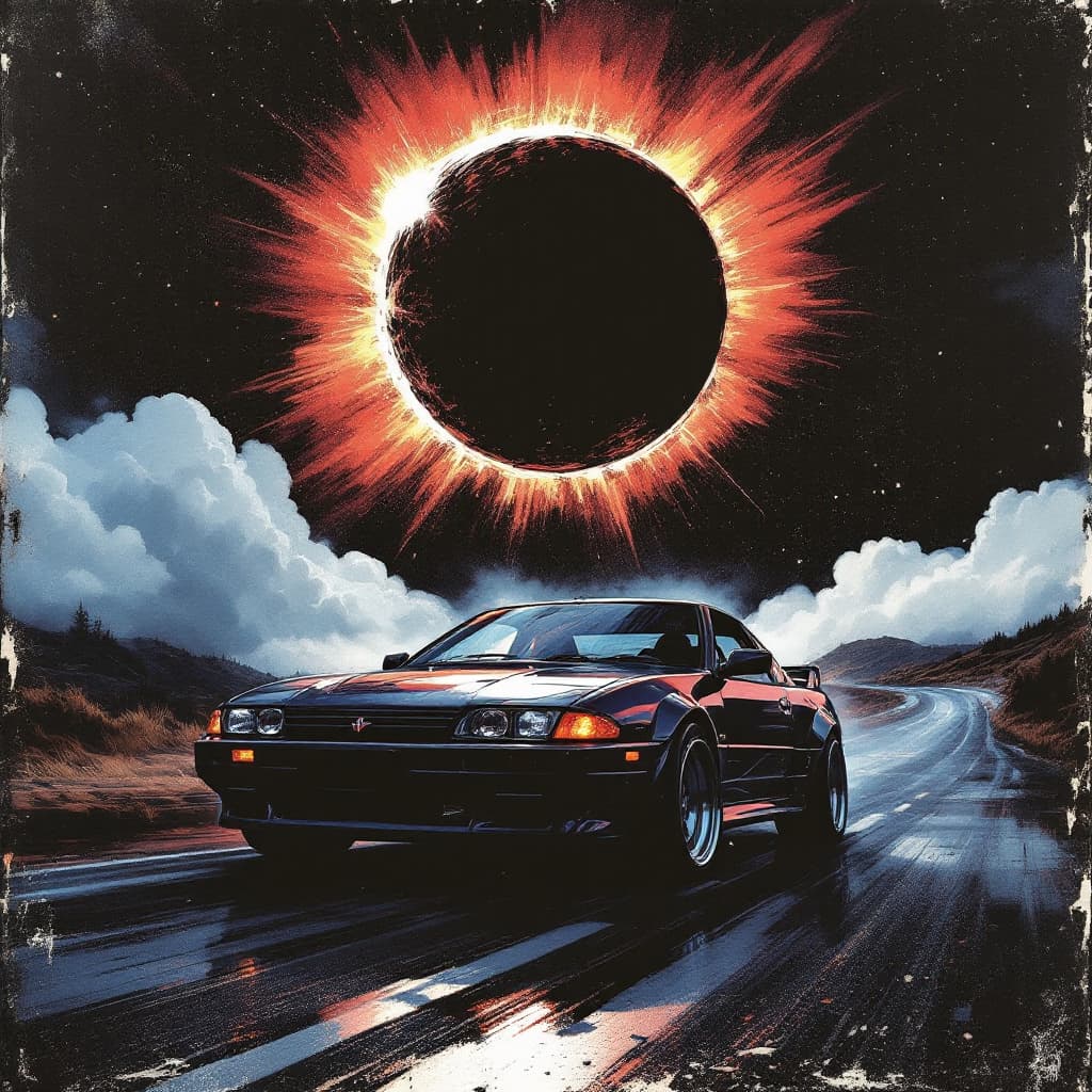 AI generated: void pursuit
looking at camera
eyes90's poster
old JDM car  on small eclipse
scuffs, aging of the ca...