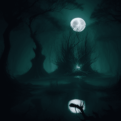 AI generated: Looking through a dark forest of dead trees protruding from a bubbling swamp, a large bird nest, wit...