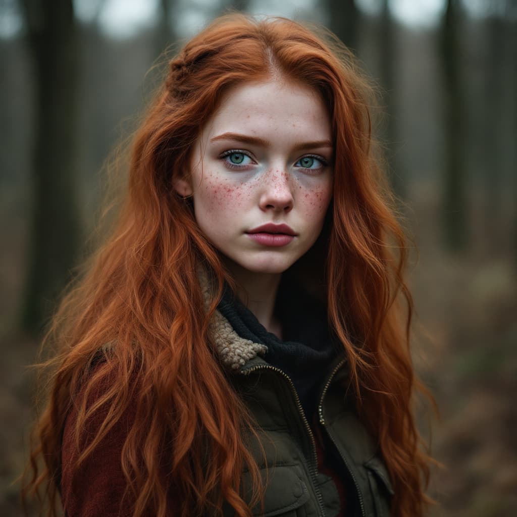 AI generated: 20 year old redhead girl, long red hair, stunning green eyes, freckles. wearing vest and standing in...