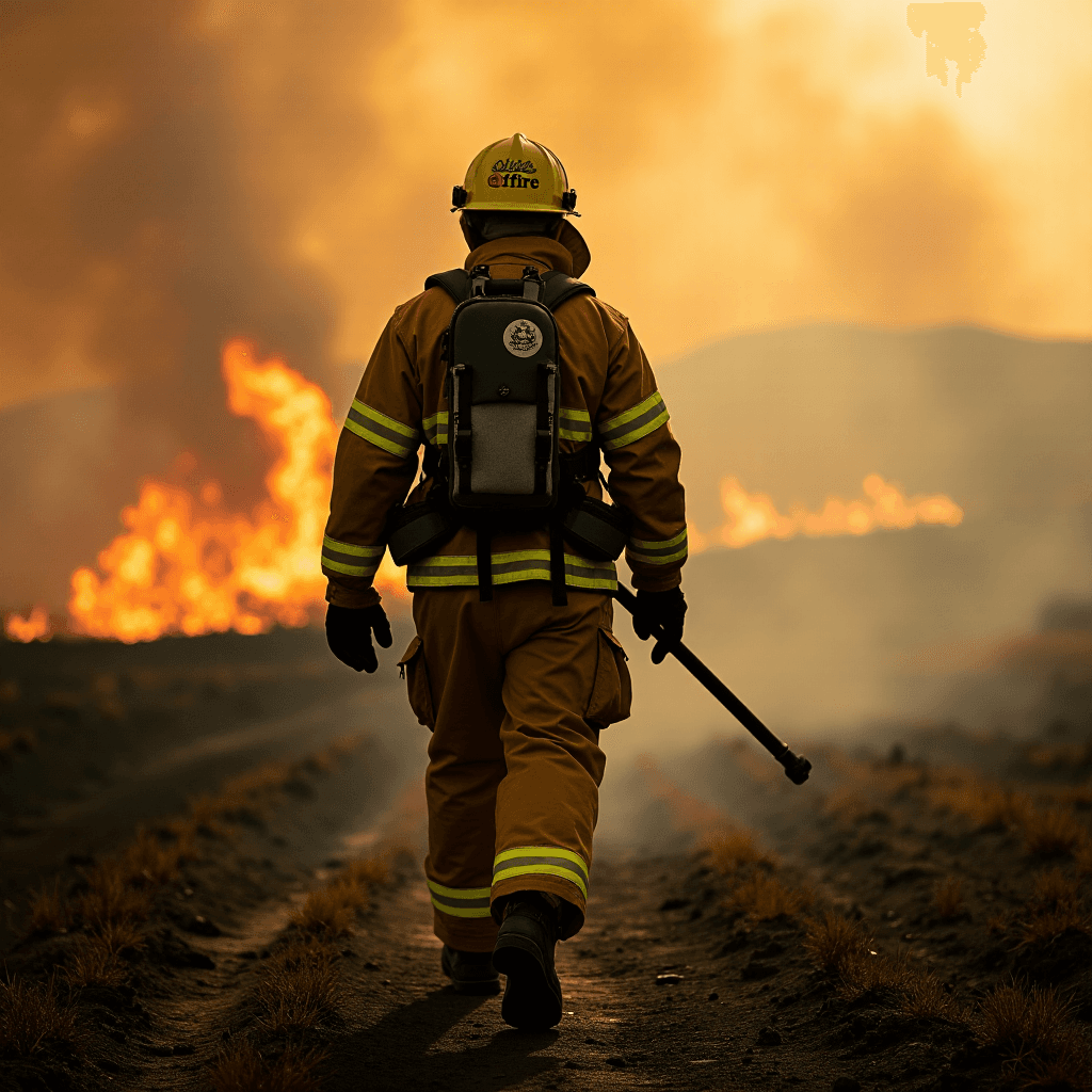 AI generated: [A firefighter in full protective gear walks through a smoldering landscape, battling a wildfire. Th...