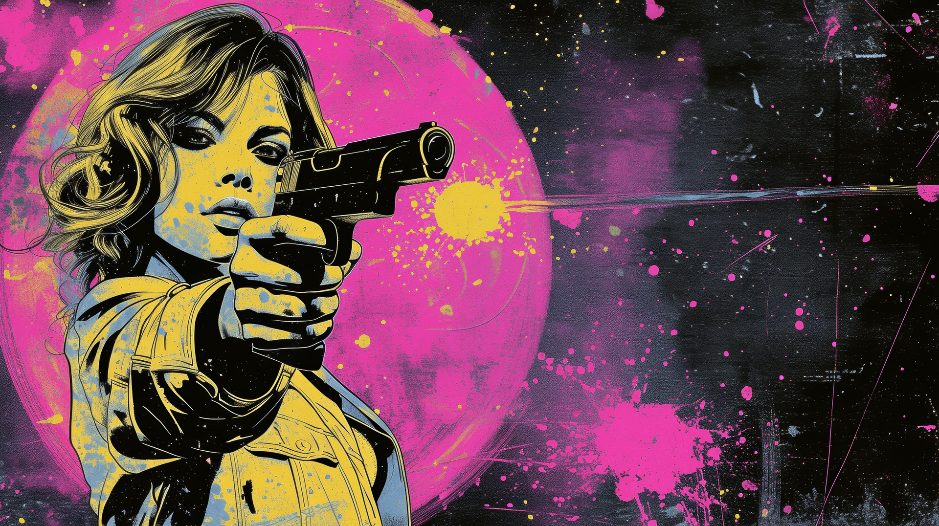 AI generated: maryland lady woman and gun in the starry universe, in the style of retrocore, 3840x2160, pulp comic...