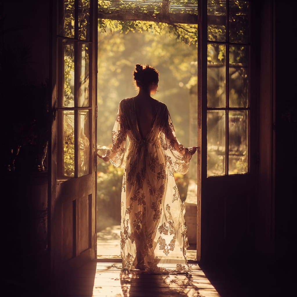 AI generated: ethereal shot of a woman in a lace robe, standing in front of an open door to a sun-drenched garden,...