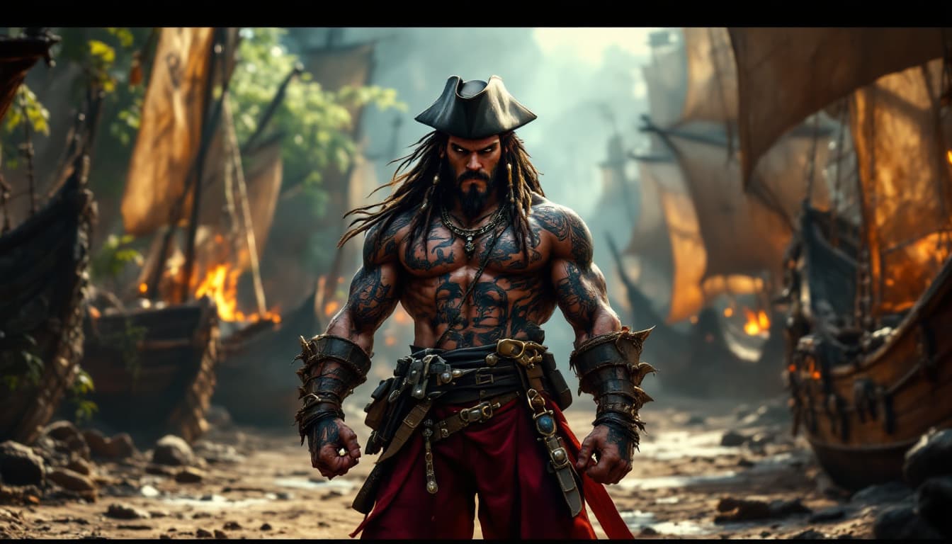 AI generated:  Animation, cartoon, Full body with standing on earth view A commanding Native Caribbean pirate capt...