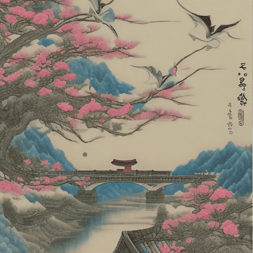 AI generated: Photo of beautiful Korean traditional folk painting. The background is light ivory in Korean paper. ...