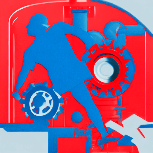 AI generated: Hyperrealistic logo, blue and red contrast color, book with the figure of a man moving a gear.