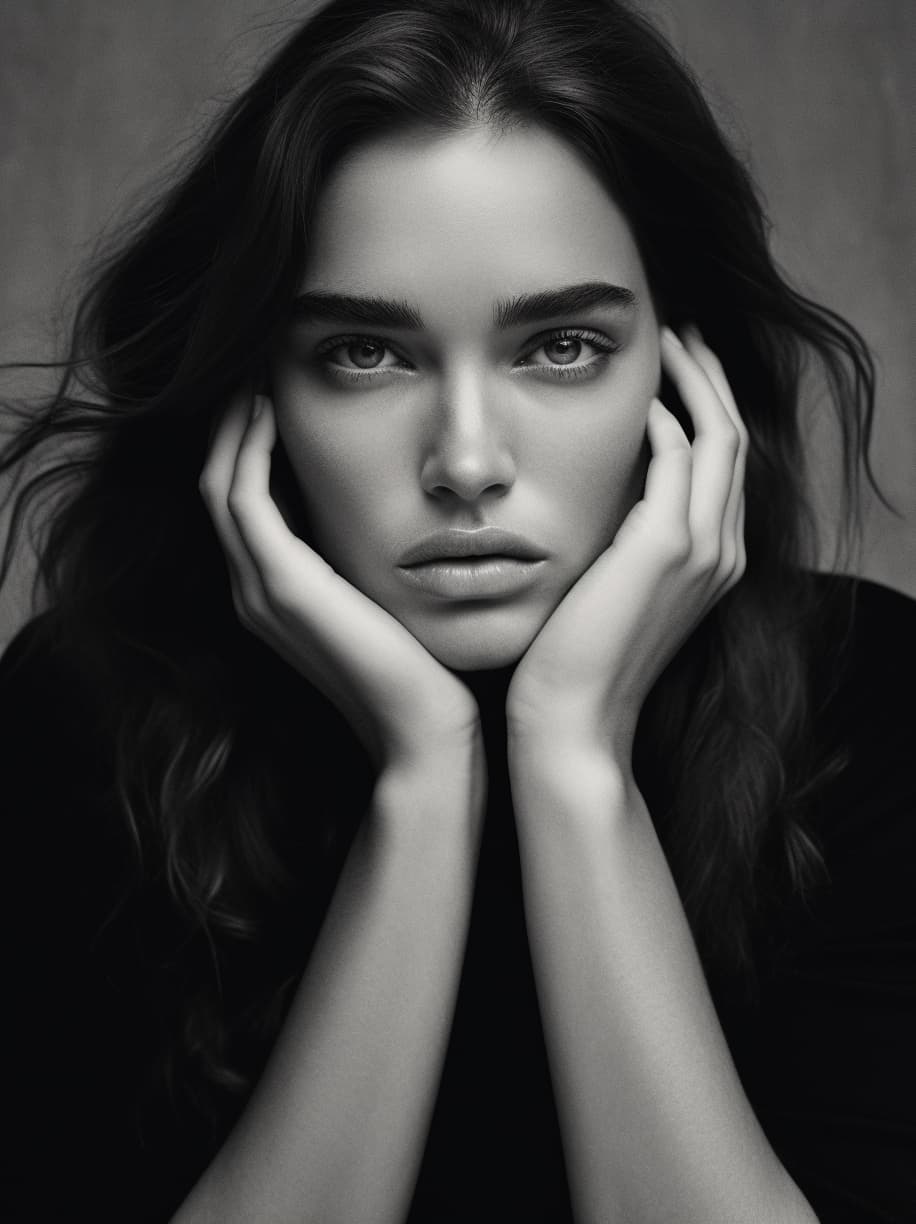 AI generated: a black and white photo of a woman with her hand on her head, vogue cover style, big bold thick eyeb...