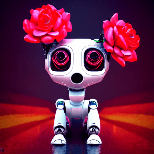 AI generated: beautiful robot dog holding bright roses in hand close-up, cyberpunk, intricate artwork . octane ren...