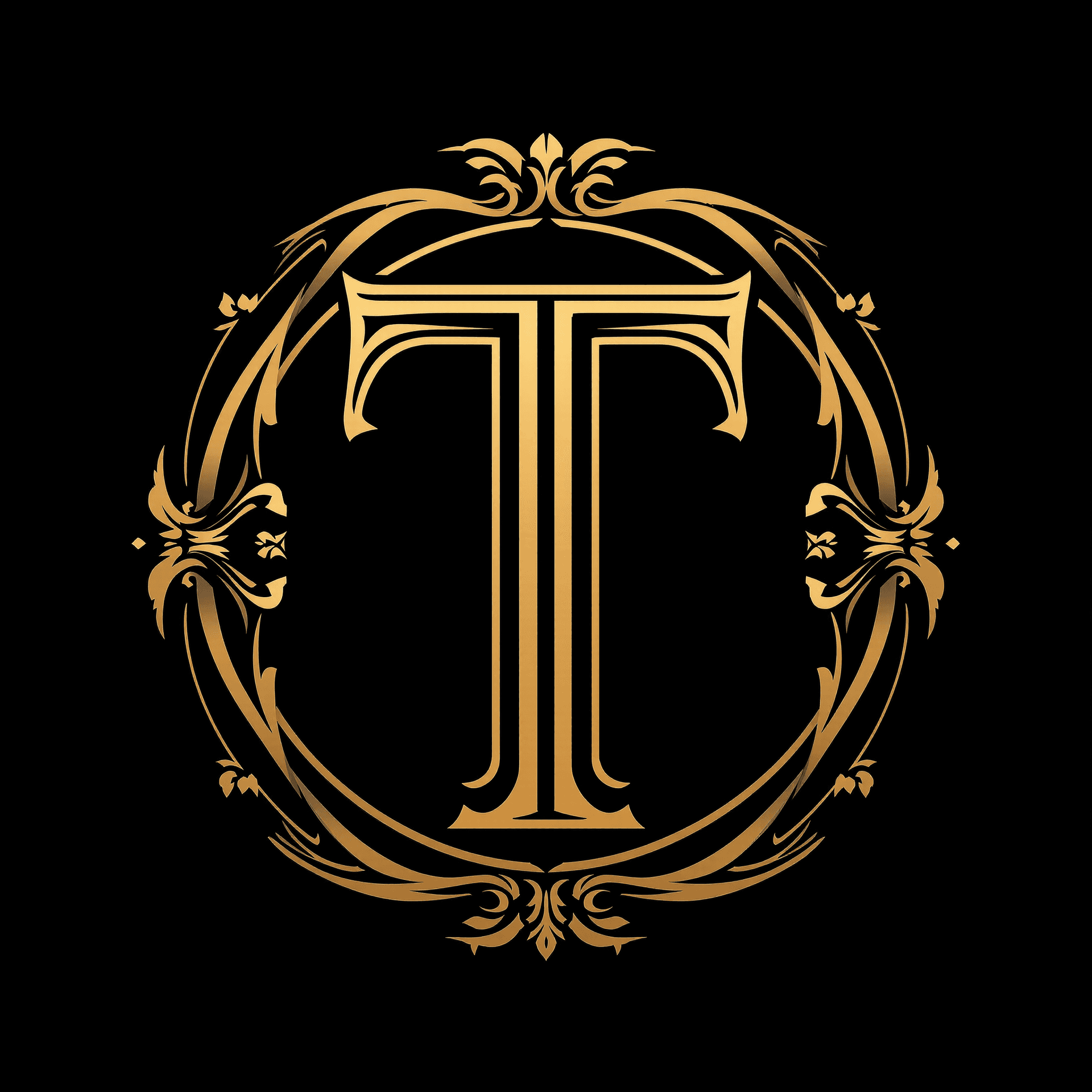AI generated: A 2d elegant logo of letter T with black background and the T is golden and a classique designed cir...