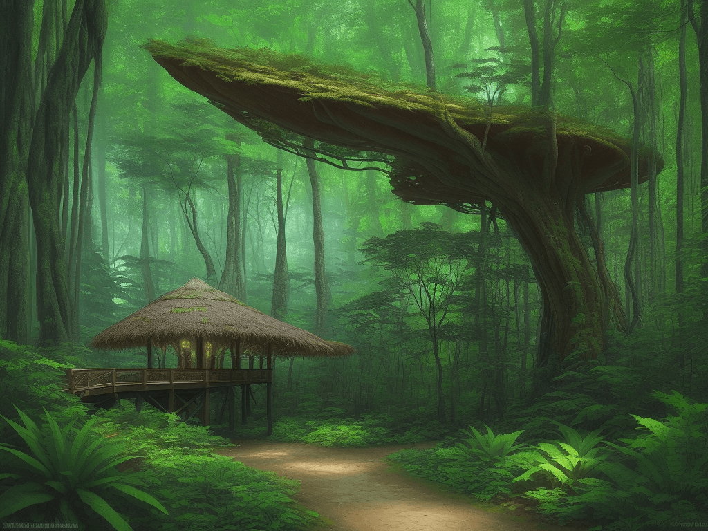 AI generated: anishinaabe woodlands forrestscape, path, walkway, hidden in the forrest, forrestpunk, lush vegetati...