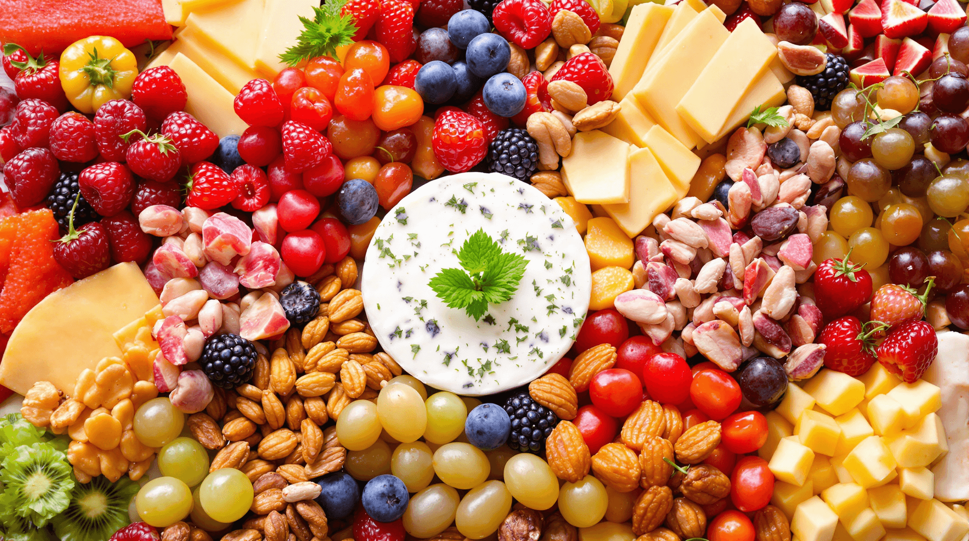 AI generated: A colorful charcuterie board with fruits, cheeses, and nuts, artistic arrangement, vibrant colors, u...