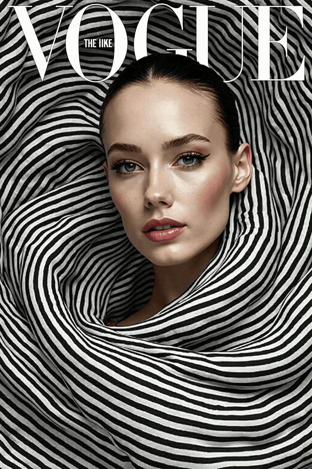 AI generated: VOGUE magazine cover featuring a mesmerizing woman wrapped in a swirling vortex of stripes. The line...