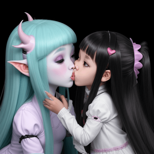 AI generated: Monster girl with longue tong kiss a normal litlle girl 