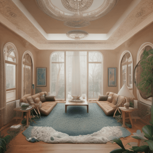 AI generated: High resolution photography interior design, dreamy sunken living room conversation pit, wooden floo...