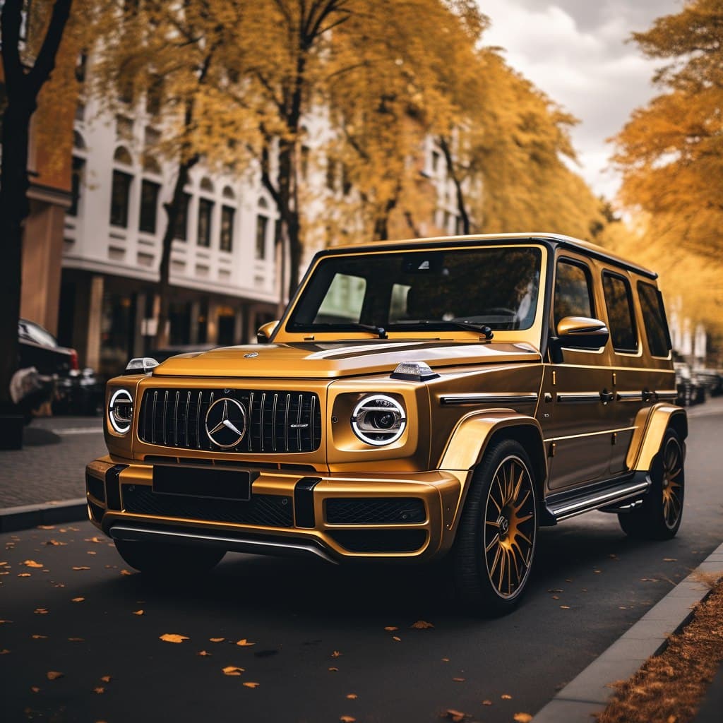 AI generated: a gold Mercedes AMG G 63, unsplash --v 5. 2