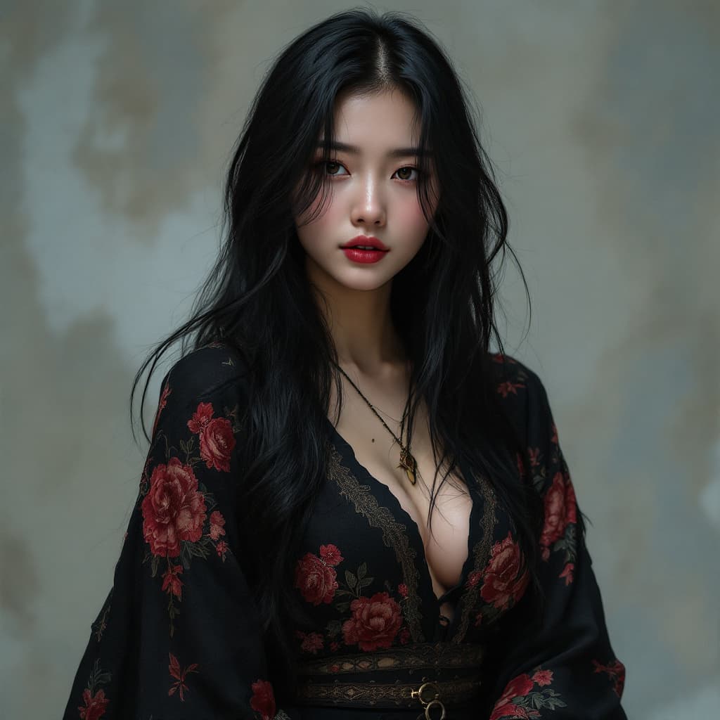 AI generated: thick tall Asian female white skin black hair
