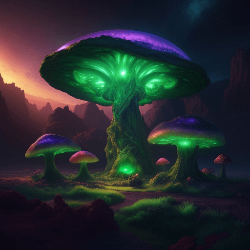 AI generated: Fantasy landscape, dynamic lights, glowing emerald, nebulas, sunset,,8k photorealistic eternal  ambi...
