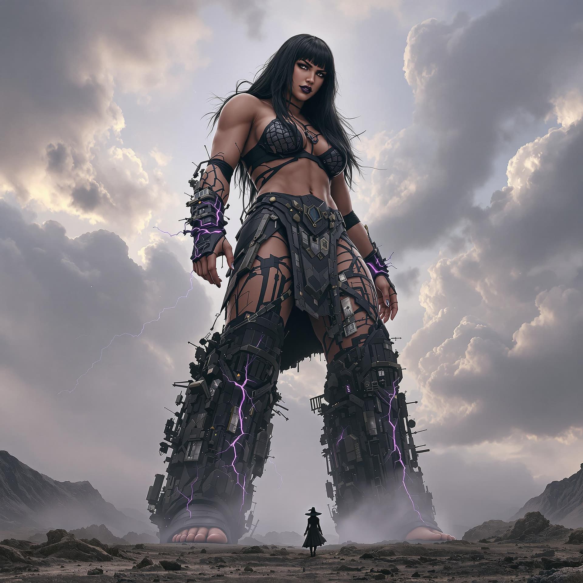 AI generated: enormous giantess female Rhea Ripley from WWE with black medium length hair and straight bangs, bigg...