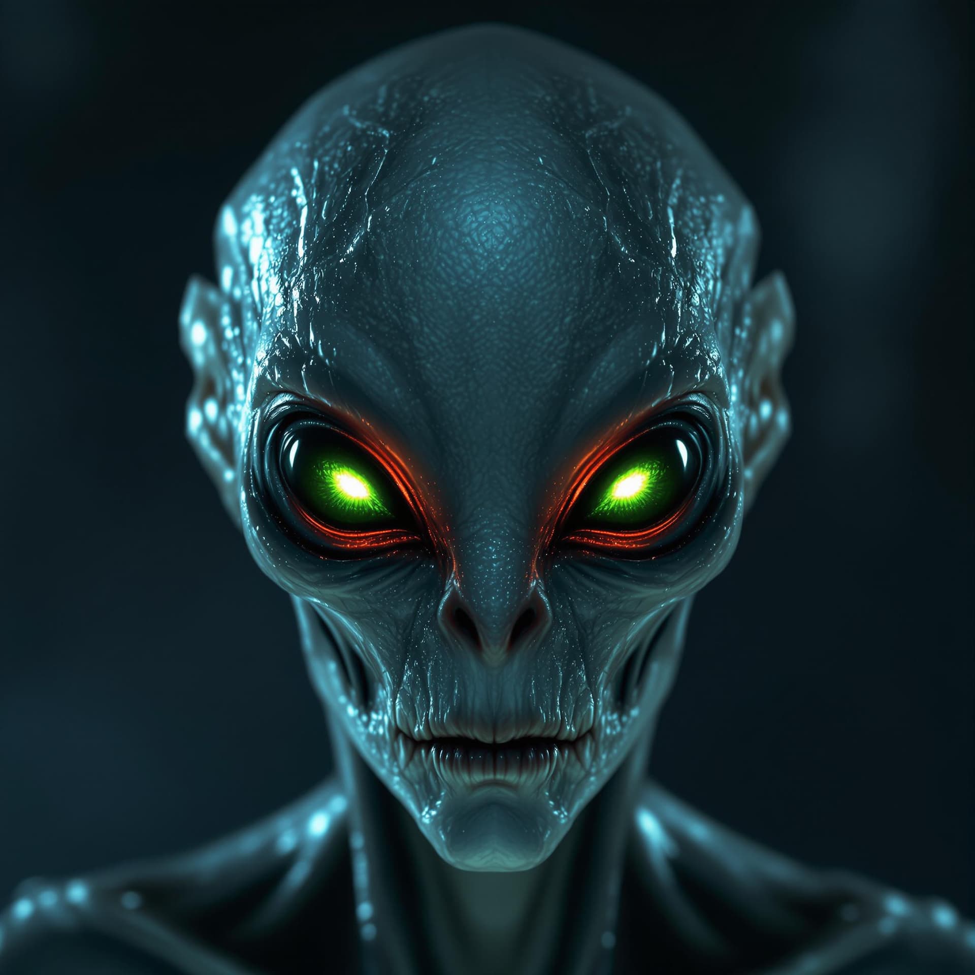 AI generated: An alien creature with icy, textured skin stares directly ahead. Its eyes glow deep green, pulsating...