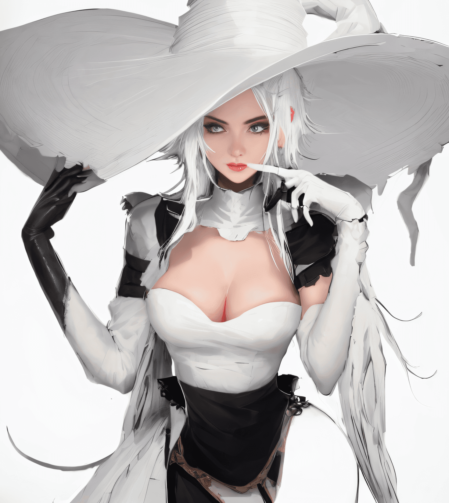 AI generated: Anime - style of depicting a woman with a big hat, white haired lady, The Witch of Castlevania, 2b, ...