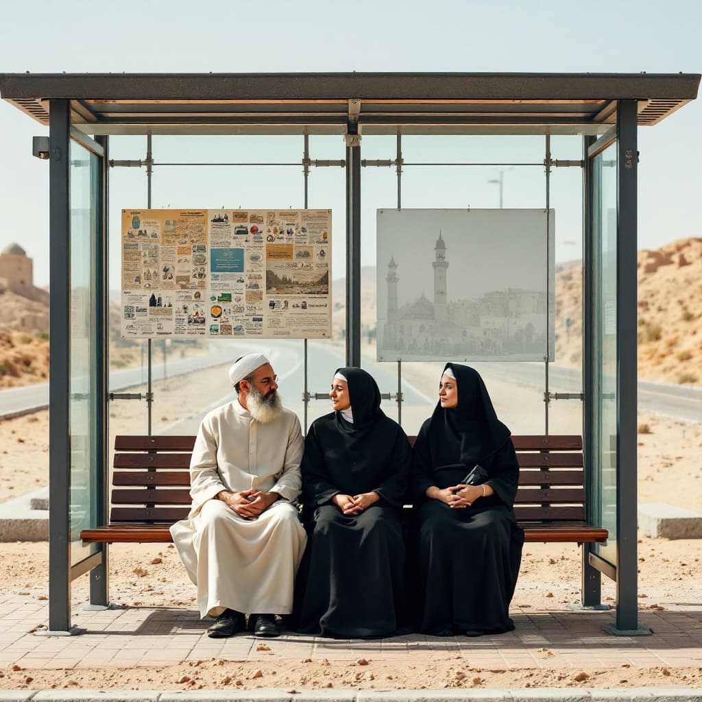 AI generated: wide shot of A muslim, an ultra orthodox jew, a nun, a yogui sitted on a bench of a bus stop located...