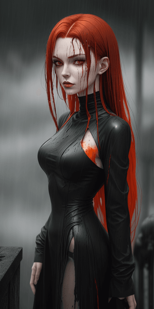 AI generated: photograph of dark red hair, black dress, silver hair, in the style of dark orange and dark emerald,...