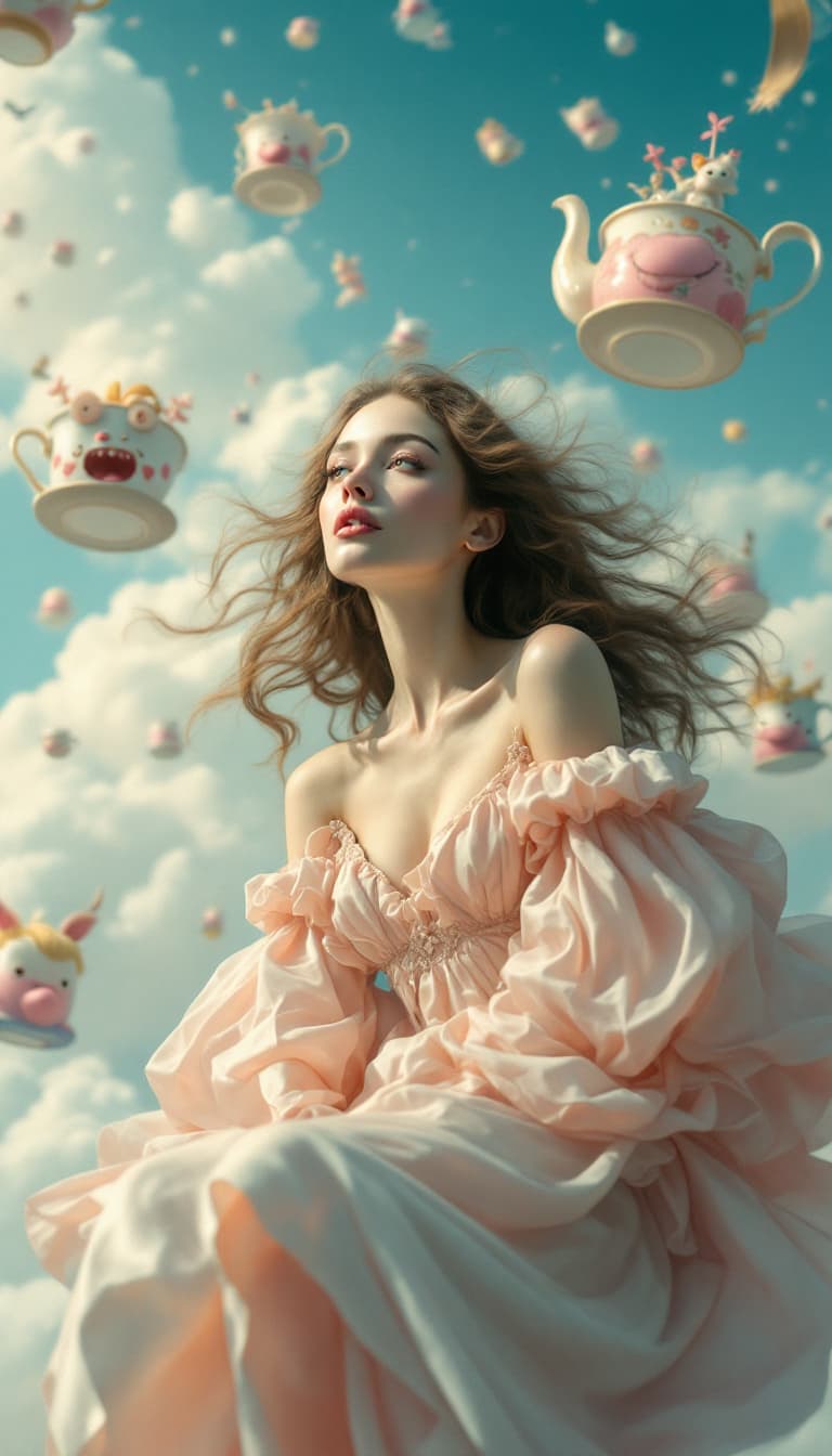 AI generated: A whimsical and surreal portrait of an imaginative Belgian woman. She floats amidst a sky filled wit...