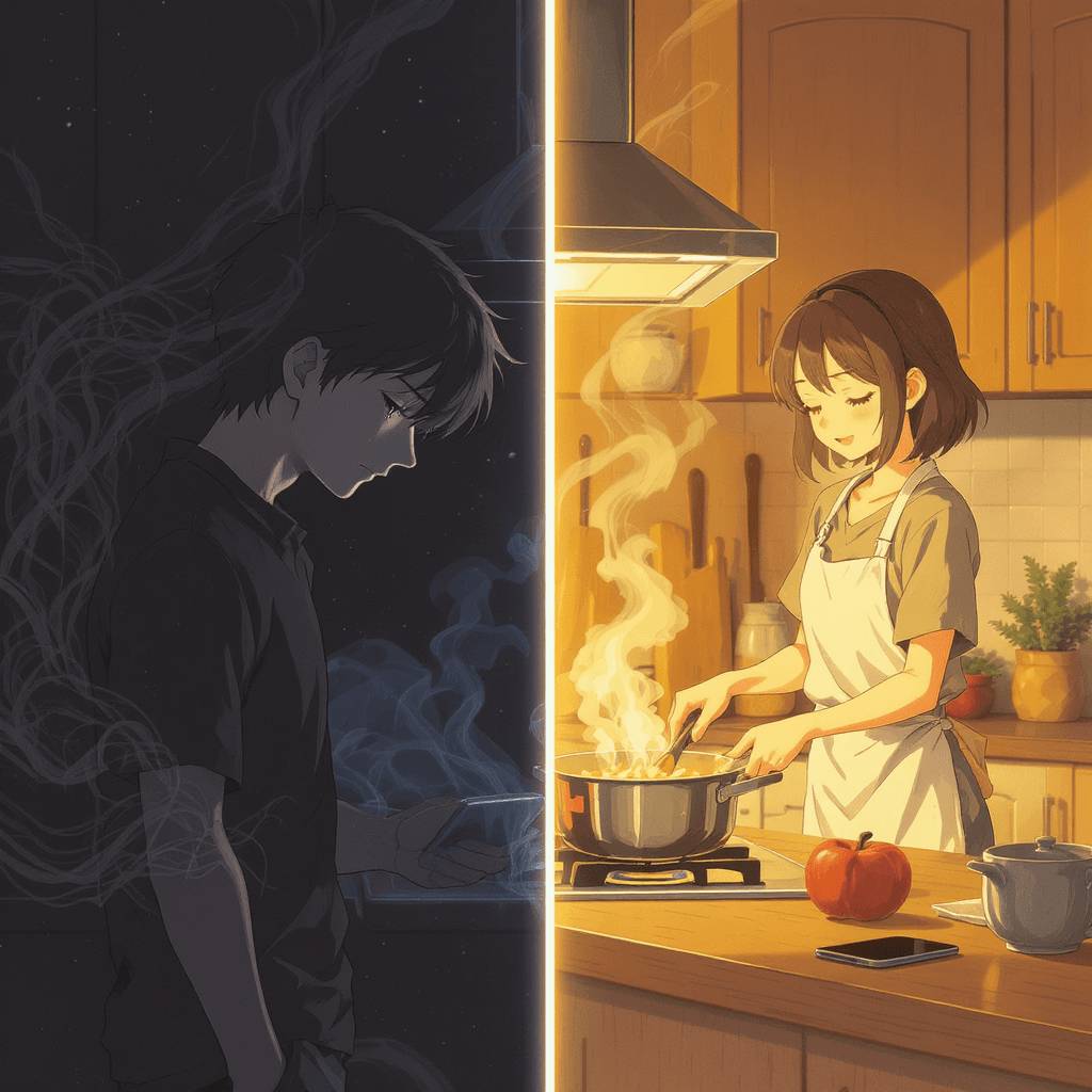 AI generated: A cinematic anime-style illustration divided diagonally from bottom-left to top-right, with two cont...