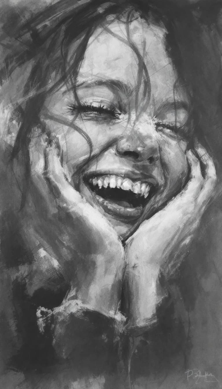 AI generated: Girl, charcoal sketch, laughing