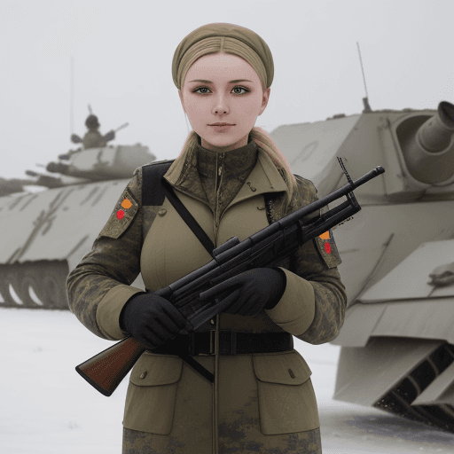 AI generated: A beautiful Ukrainian woman, in a military dress, with a modern rifle in her hands, aiming to shoot