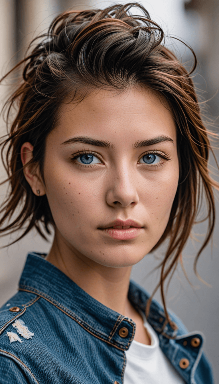 AI generated: A hyper-realistic image of a young woman with a light sprinkle of freckles, large pale blue eyes, an...